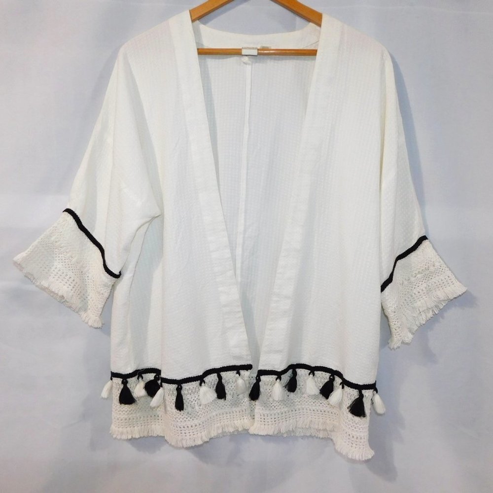 ROXY Womens BOHO Open Shawl Cardigan Black Tassel Beach Cover up M /  L White